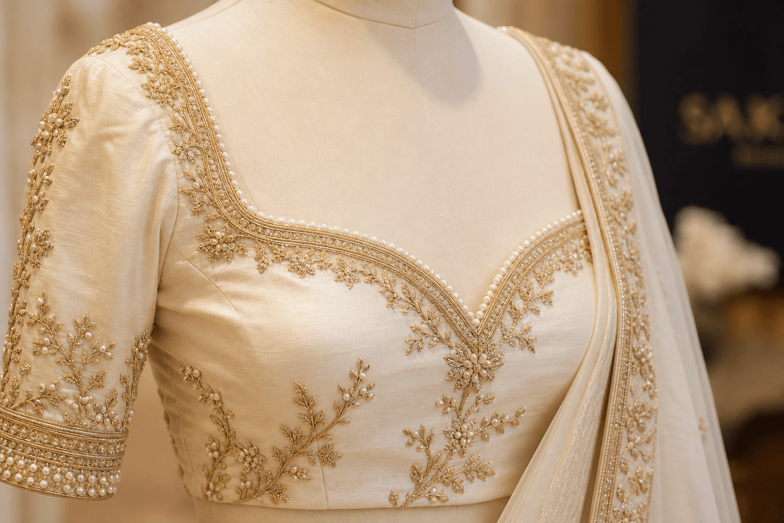Ivory bridal blouse with gold Aari thread embroidery and pearl beadwork on a sweetheart neckline